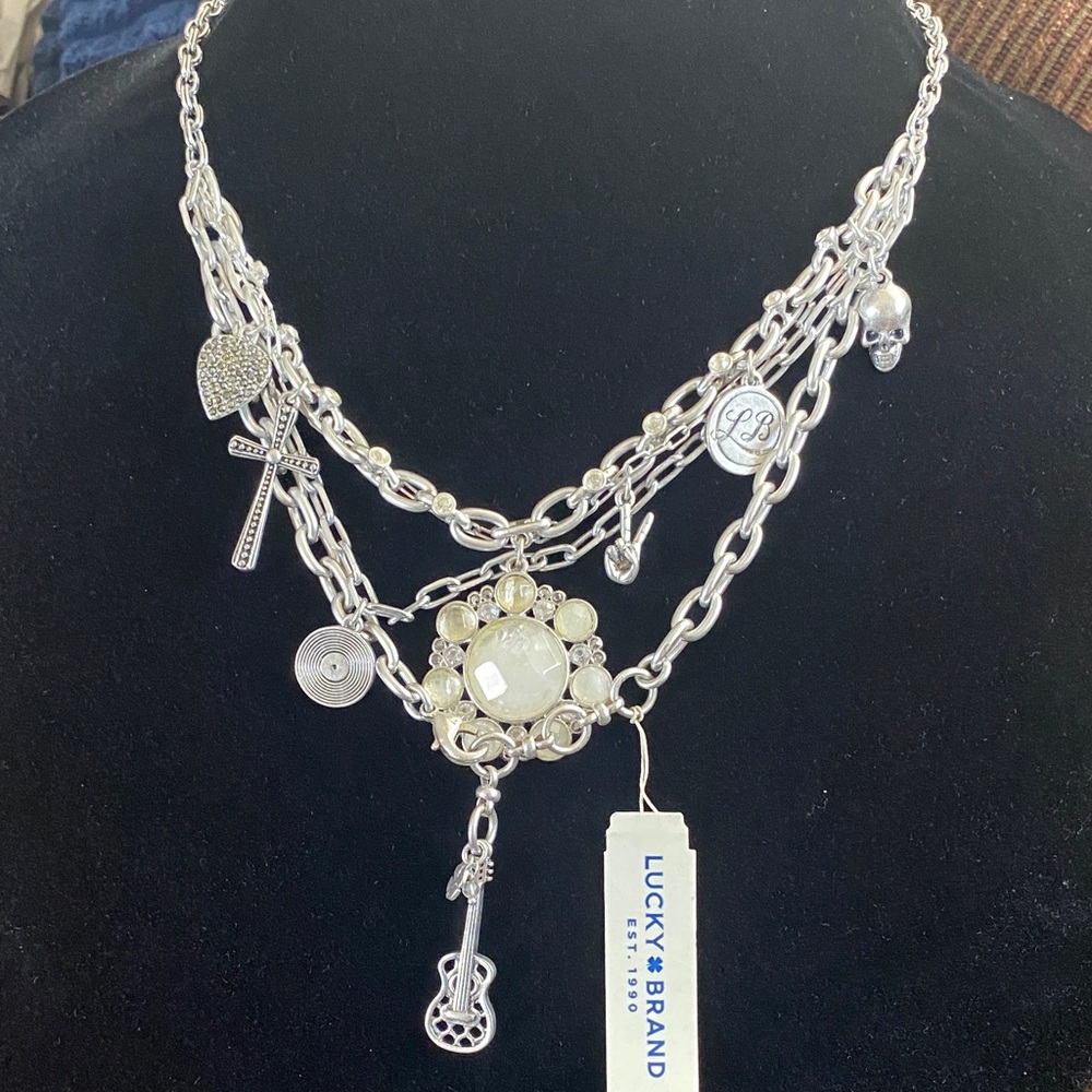 Lucky Brand Silver Charm Necklace with Crystal Accents